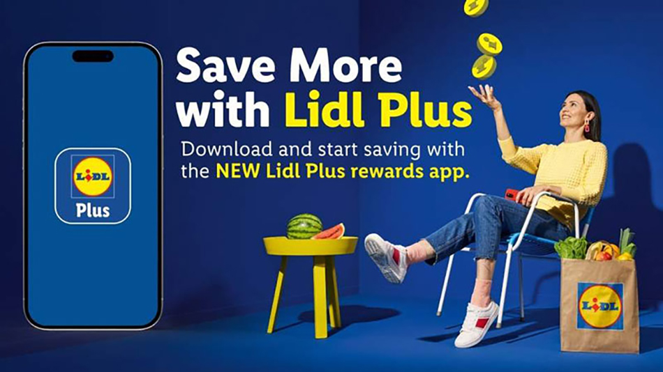 graphic showing woman in chair with shopping bag to the side promoting Lidl US new Lidl Plus program