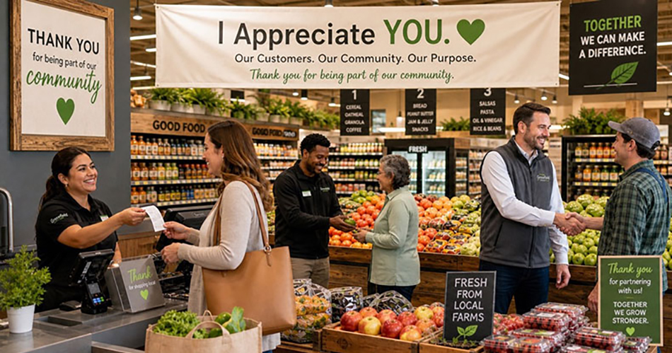 photo showing customers in grocery store with I Appreciate You banner hanging overhead