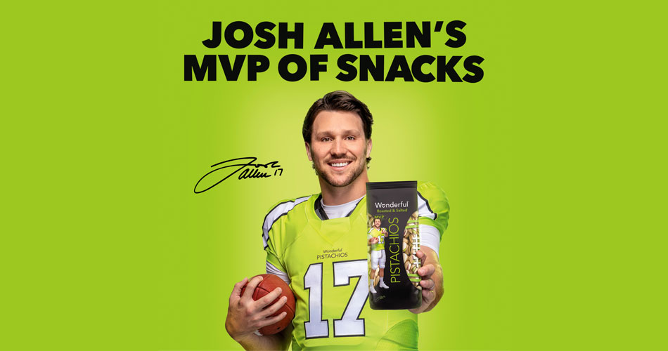 image of Josh Allen holding Wonderful Pistachios package