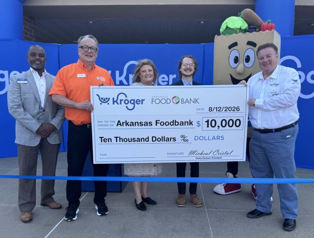 Photo of group holding large check depicting $10,000 Kroger donation to Arkansas Foodbank