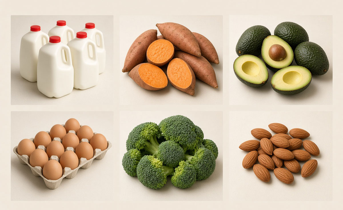 milk, yams, avocado, eggs, broccoli, almonds in a grid