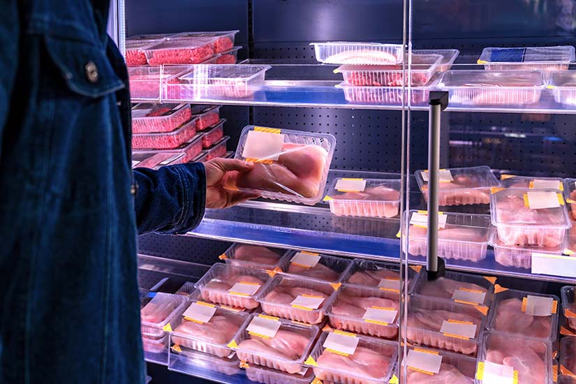 Choosing meat at supermarket. Shoppers examining labels on refrigerated meat packages in supermarket. Individual selecting wrapped meat from chilled display in busy grocery store.