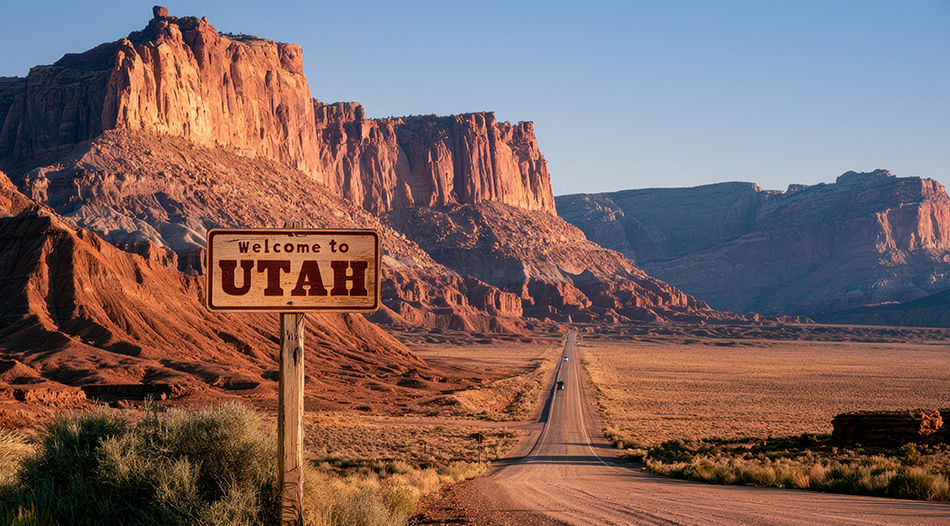 Photograph of a roadside Welcome to Utah sign along a dusty desert highway at golden hour. The sign sits on a weathered post with bold lettering reading 'Welcome to Utah'. Behind it rise towering red rock cliffs and layered mesas under a clear blue sky. A long straight highway extends into the distance with a few distant vehicles; foreground includes scrubby desert plants and an expansive open landscape. Warm sunlight bathes the rugged terrain, creating long shadows and rich sandstone tones. Composition uses the road as a leading line toward the sign, conveying travel, adventure, and a sense of elevation and place --ar 3:2 --v 8.1 Job ID: 5cddae07-012b-4ca4-87be-08636adc89bf