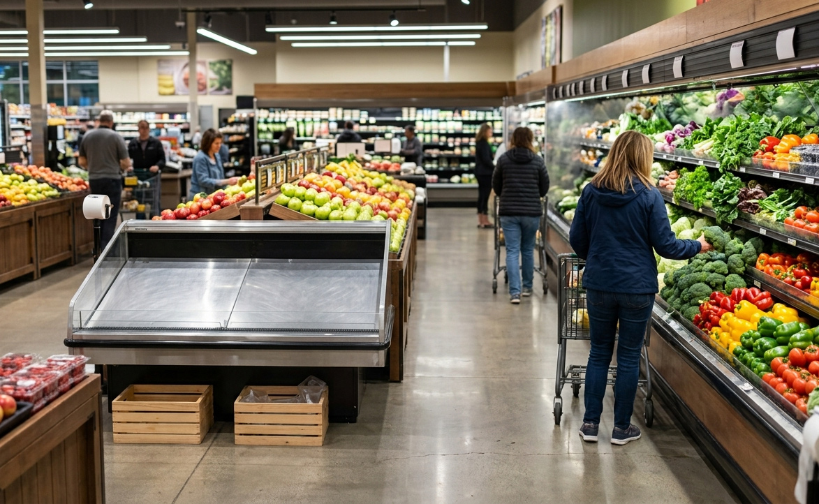 grocery produce section with empty shelf space