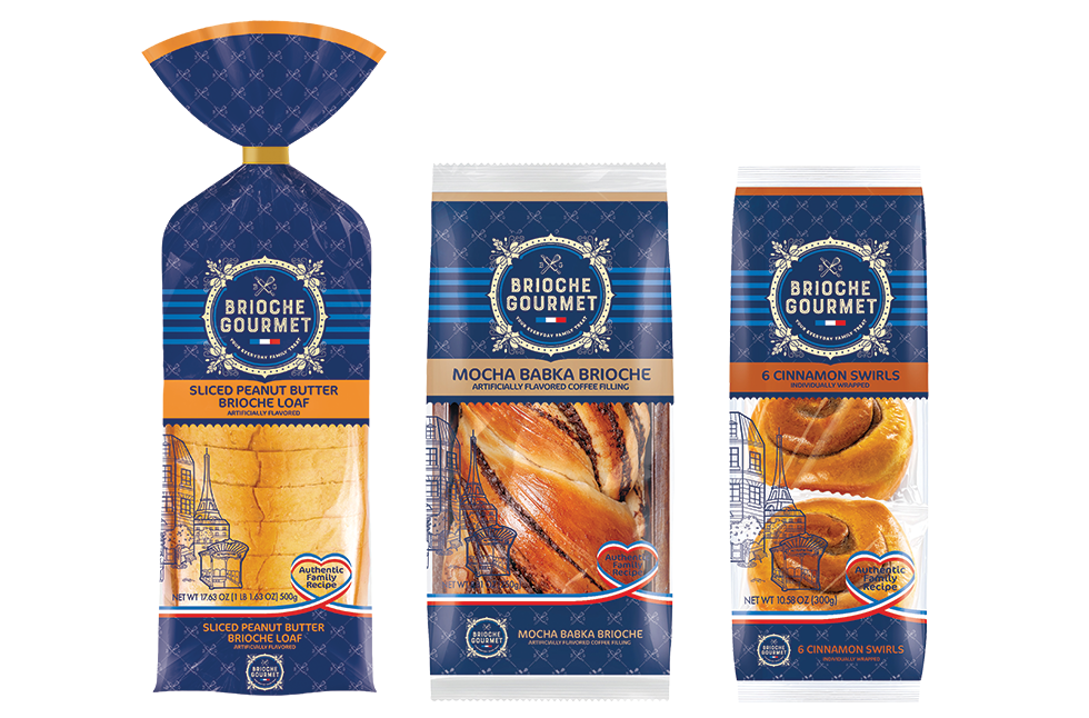 Packages of Brioche Gourmet French Brioche Loaf with Peanut Butter, Mocha Tear & Share Brioche and Cinnamon Brioche Swirls