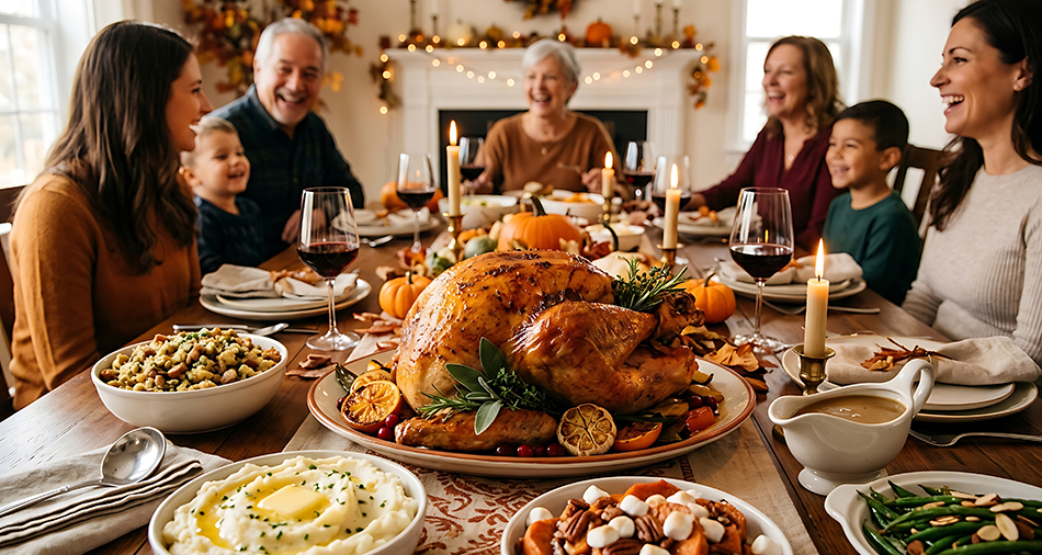 image of three generations of family members sitting around full Thanksgiving table with a roasted turkey in the center and side dishes in the foreground