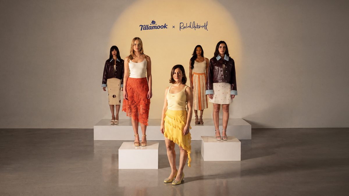 models with cheese-inspired skirts